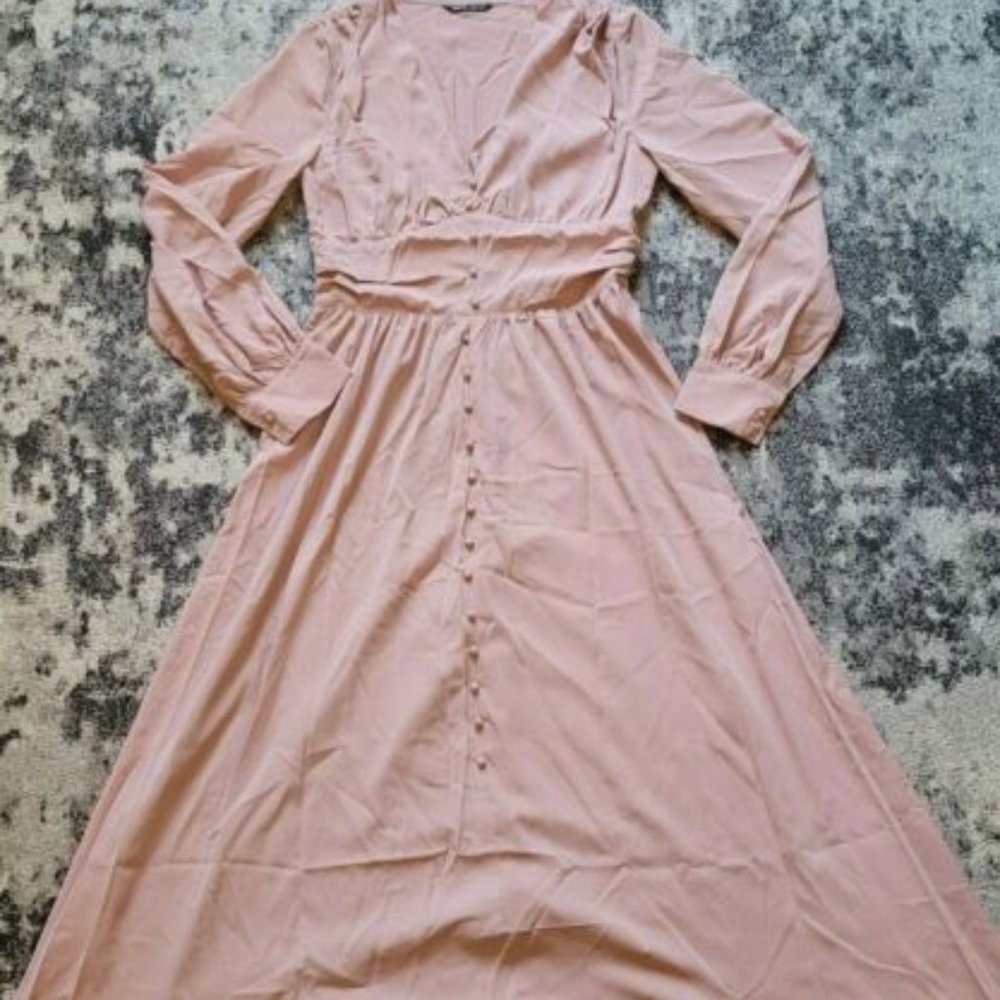 Baby Pink Front Ruched Waist Midi Dress V Neck ~ Size M 6 ~ NEW!